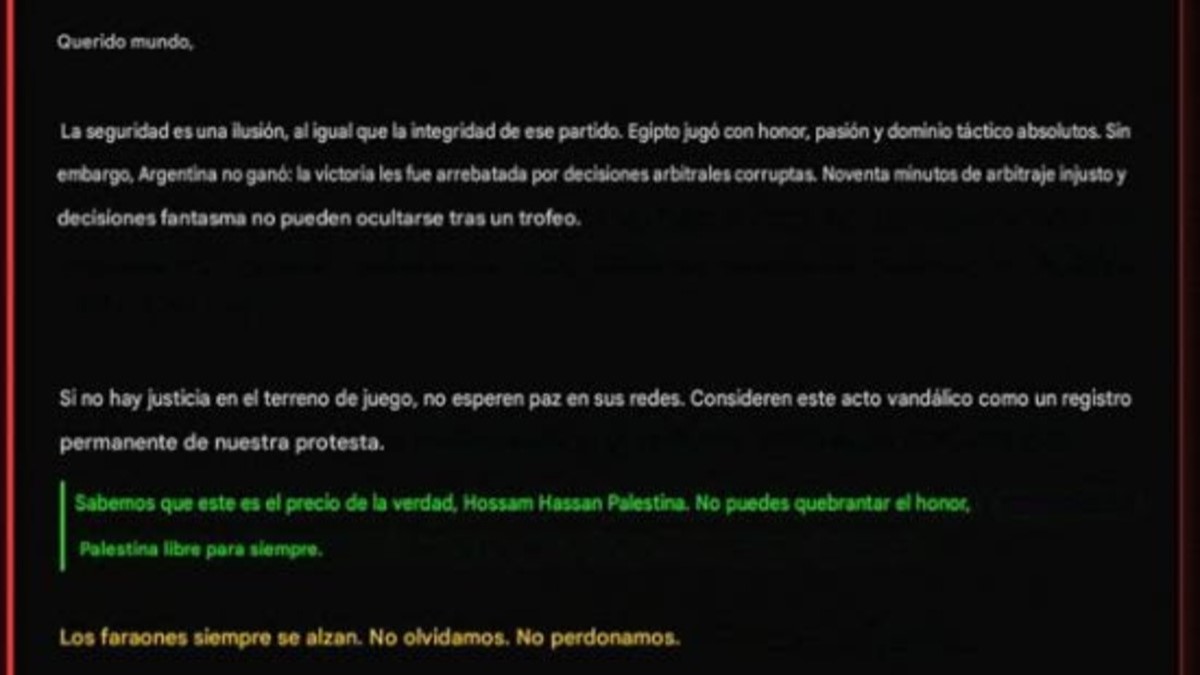 La entidad confirmó que una de sus cuentas institucionales fue utilizada sin autorización para difundir mensajes a periodistas en plena Copa del Mundo. ESET Latinoamérica analiza el hackeo. Pie de imagen: Correo enviado a periodistas acreditados, a través de una cuenta de correo de AFA vulnerada.